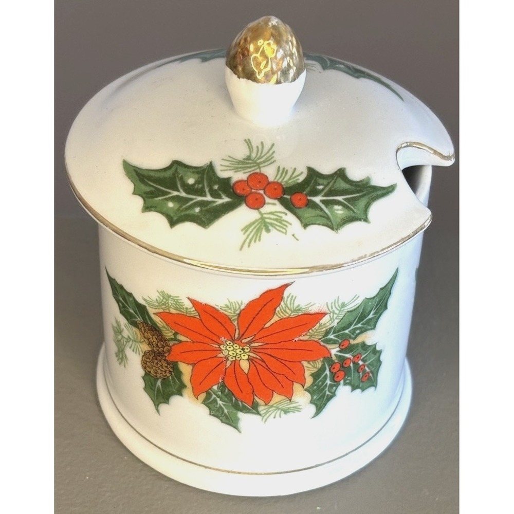 Vintage Christmas Holly & Berries Poinsettia Condiment Jam Jelly Jar with Lid